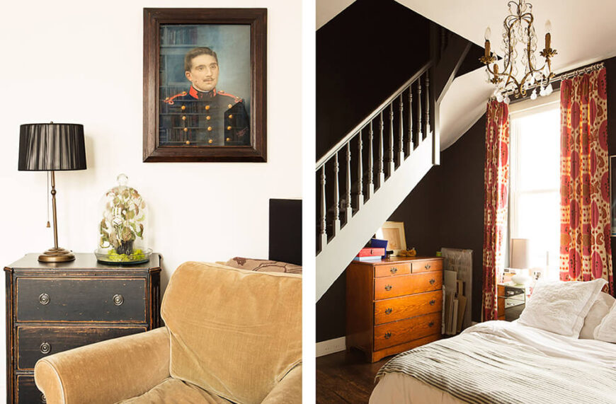 In one of the bedrooms, we see more refurbished antique furniture like the distressed wood dresser next to a plush roll-arm chair. Beneath this separate staircase, we see a rich wood dresser and an ornate chandelier hanging over the bed, at right.