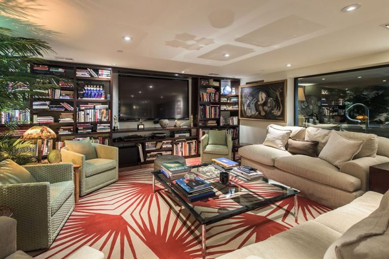 Casual TV and family room in Beverly Hills mansion once owned by Jane Fonda.