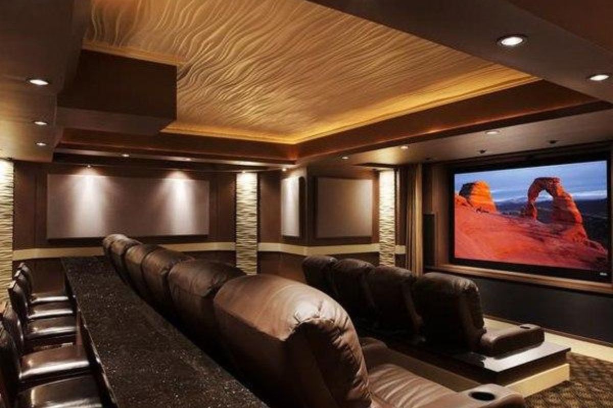 A nice leather chaired theater room with a medium size screen.