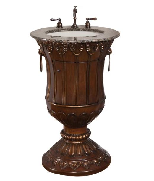 A pesdestal sink vanity with a wooden structure.