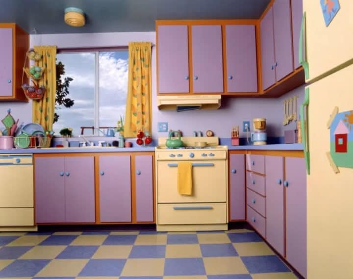 Purple retro kitchen design.