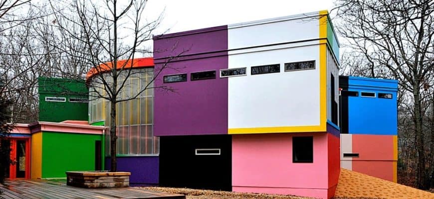 This is a look at the exterior of the house. Here you can see the different sizes and shapes of the structures of the house along with the different colors of the exterior walls.