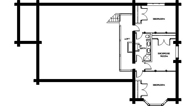 Second level floor plan with two bedrooms sharing a bathroom and an exercise room that can be turned into another bedroom.