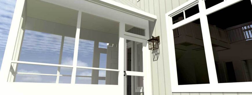 The screened porch is framed with wooden trims and columns painted in white that matches the windows and doors.