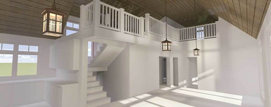 The interior has a wood-paneled vaulted ceiling while the rest are all painted in white creating a stunning contrast.