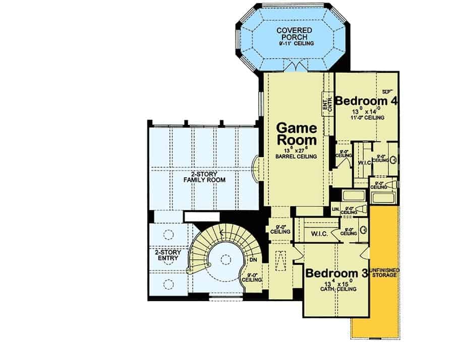 Second level floor plan with two additional bedrooms and a game room with a barrel ceiling and direct access to the covered porch.