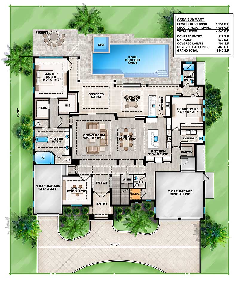 The main level floor plan of a 4-bedroom two-story grand Florida home with great room, shared kitchen and dining, study, wine cellar, one bedroom, and a primary suite with lanai access.