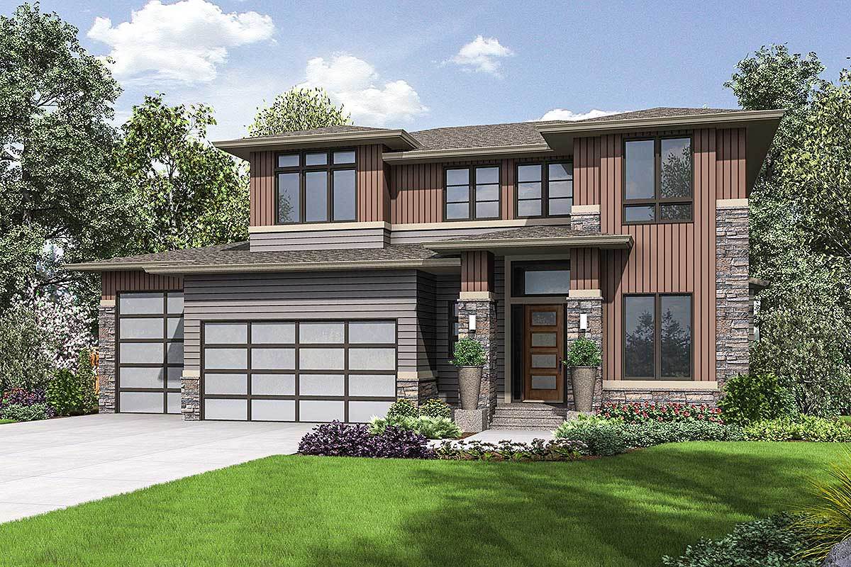 Front rendering of the 3-bedroom two-story prairie style home.