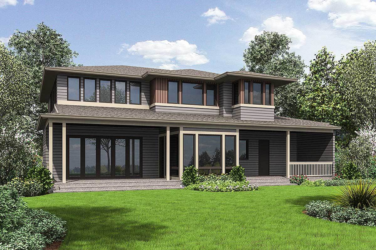 Rear rendering of the 3-bedroom two-story prairie style home.