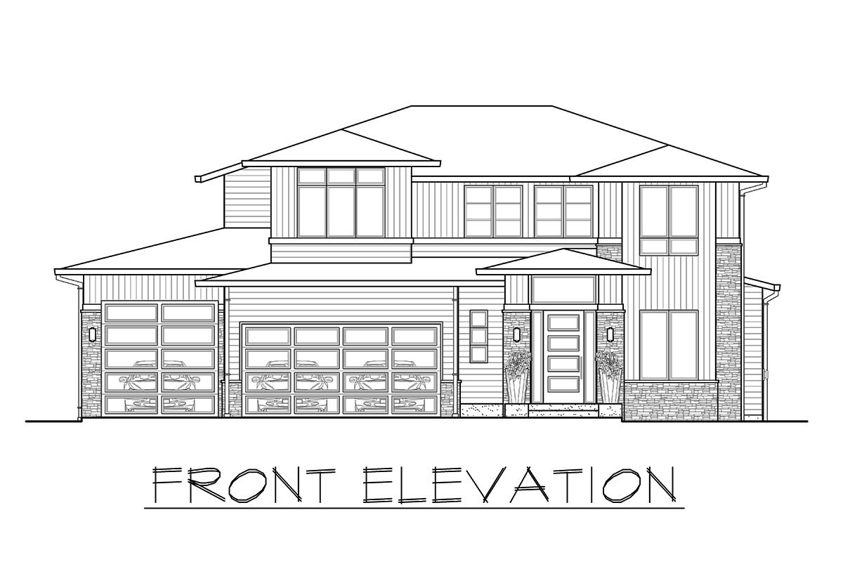 Front elevation sketch of the 3-bedroom two-story prairie style home.