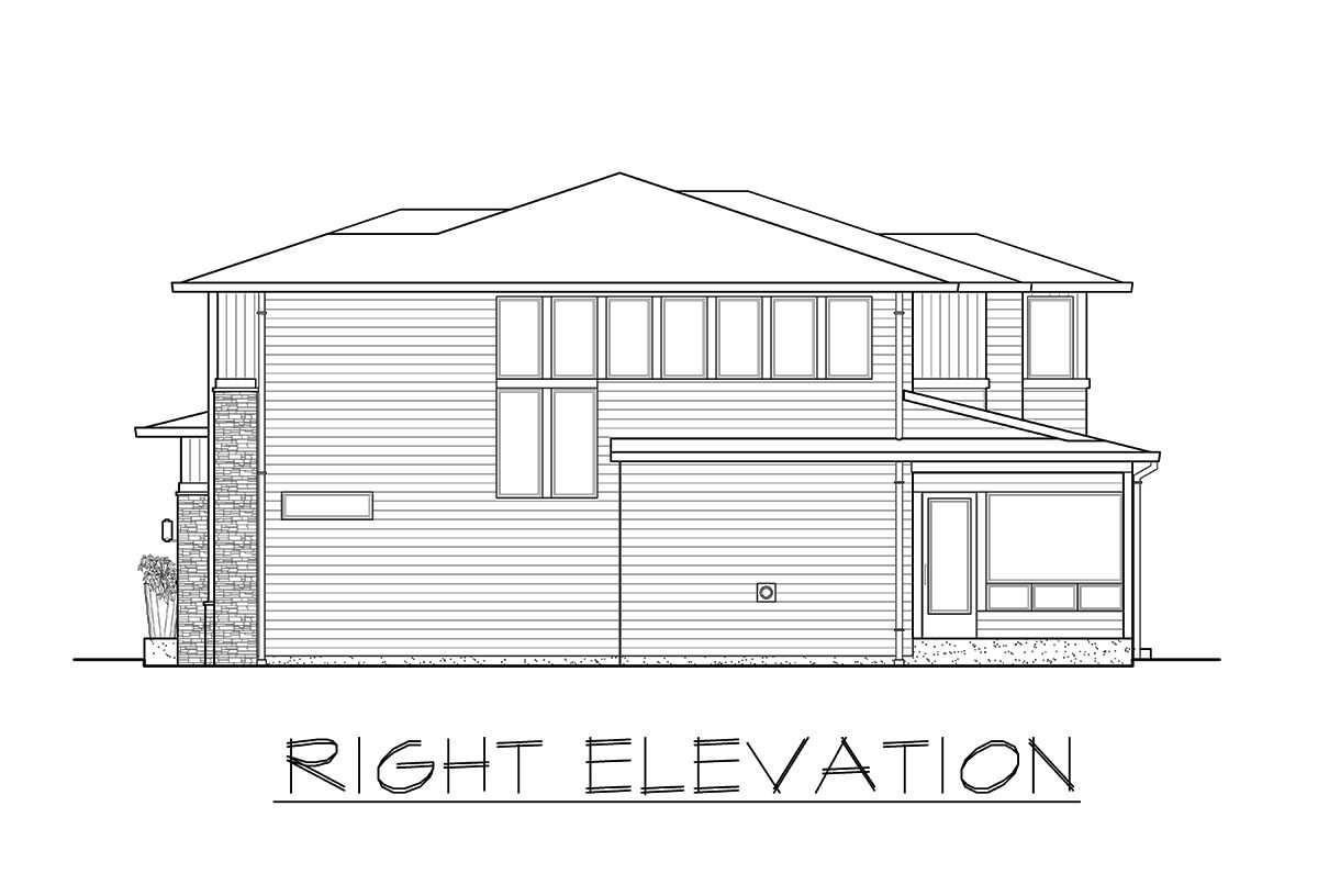 Right elevation sketch of the 3-bedroom two-story prairie style home.