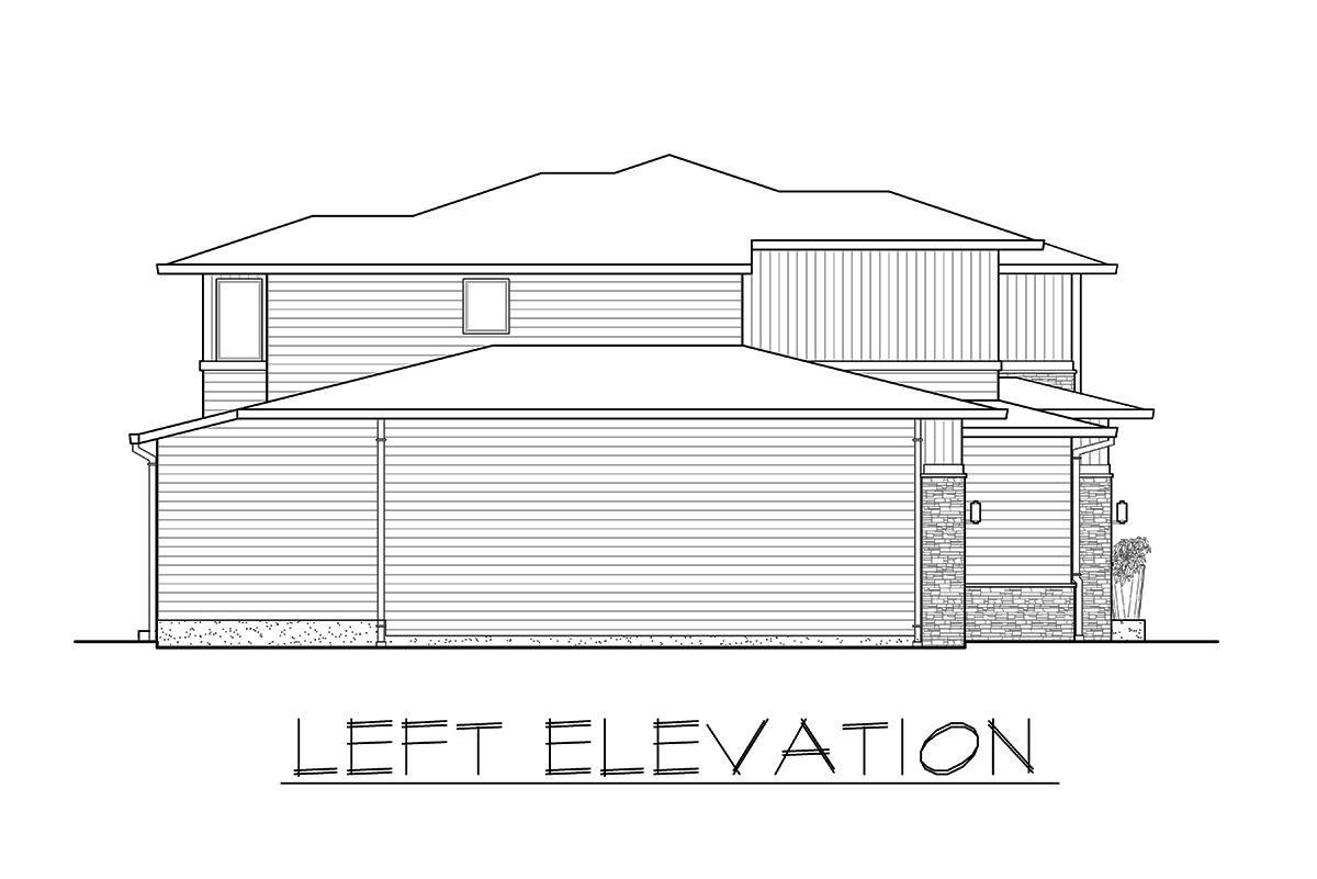 Left elevation sketch of the 3-bedroom two-story prairie style home.