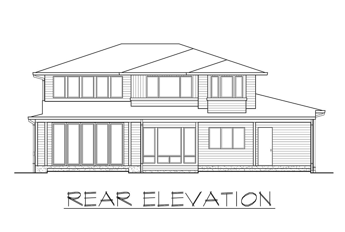 Rear elevation sketch of the 3-bedroom two-story prairie style home.