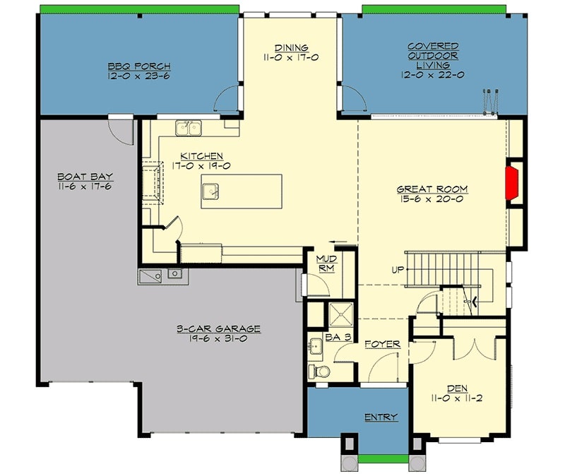 Main level floor plan of a 3-bedroom two-story prairie style home with a foyer, den, great room that opens to the covered outdoor living, dining area, kitchen, and a mudroom that leads to the three-car garage with a boat bay and access to the bbq porch.