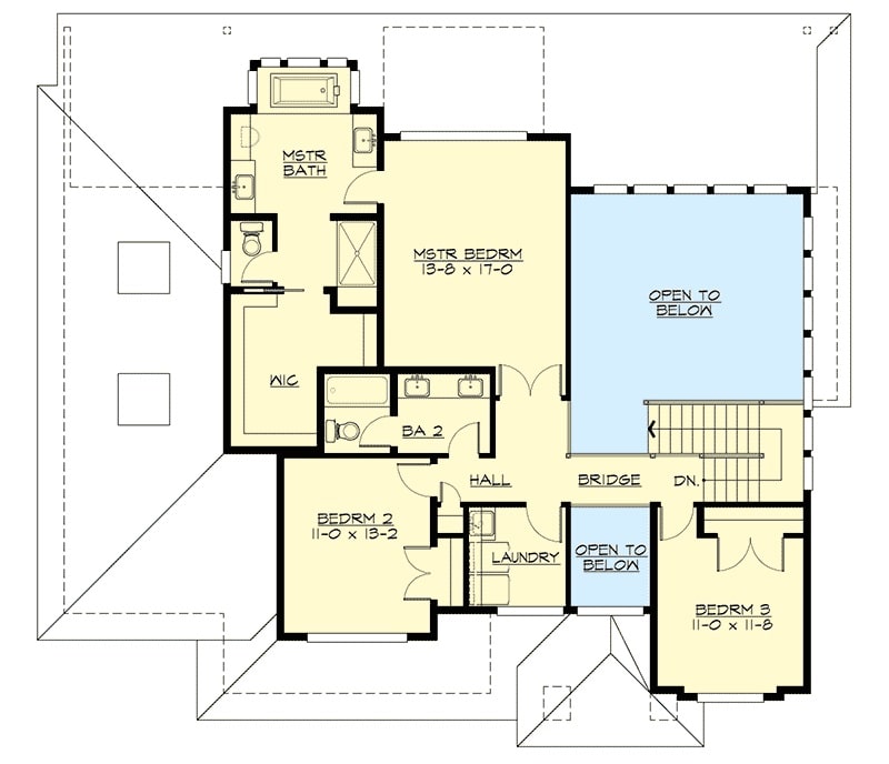 Second level floor plan with three bedrooms, a laundry room, and a balcony bridge that overlooks the rooms below.