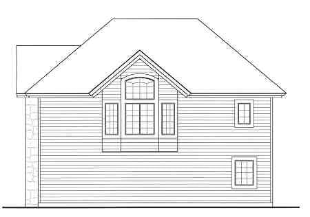 Rear elevation sketch of the 1-bedroom two-story Highpoint 2 cottage.