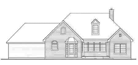 Rear elevation sketch of the 3-bedroom single-story Lewisburg ranch.