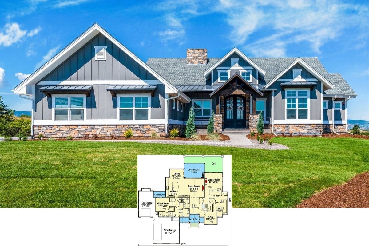 Introducing this Magnificent Mountain-Style Ranch Layout with 4 Bedrooms, 3 Car Garage and Optional Basement Design (Floor Plan)