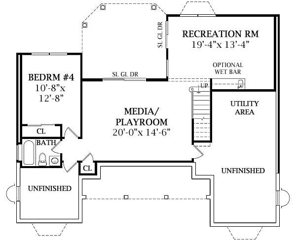 Lower Level floor plan with another bedroom, media/playroom, utility area, and a recreation room that opens to the back patio.