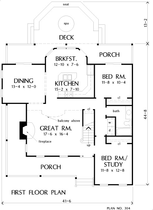 Main level floor plan of a 4-bedroom two-story The MacLeish country home with an L-shaped front porch, great room, formal dining area, kitchen with breakfast nook, and two bedrooms sharing a hall bath.