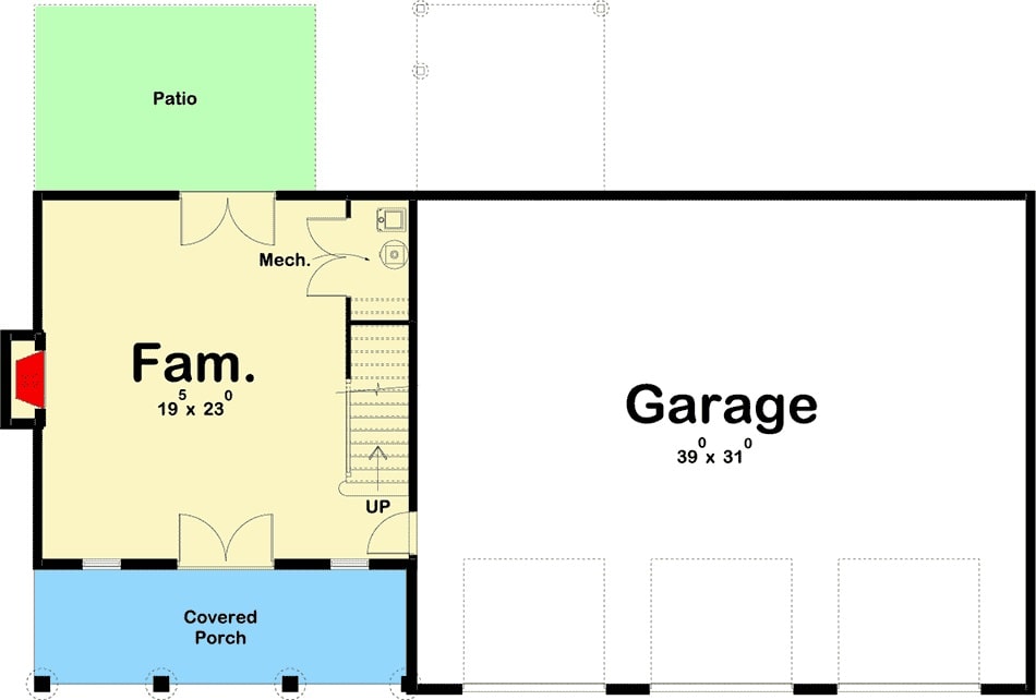 Main level floor plan of a two-story 3-bedroom post frame carriage home with an oversized garage and a family room that opens to the front and rear porches.