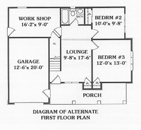 Alternate first floor plan with front porch, lounge, two bedrooms, and a garage with workshop.