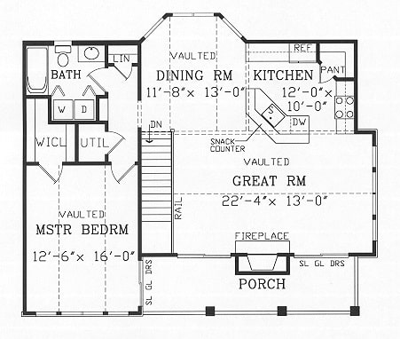 Second level floor plan with front porch, great room, kitchen, dining room, full bath, utility, and a vaulted primary bedroom.