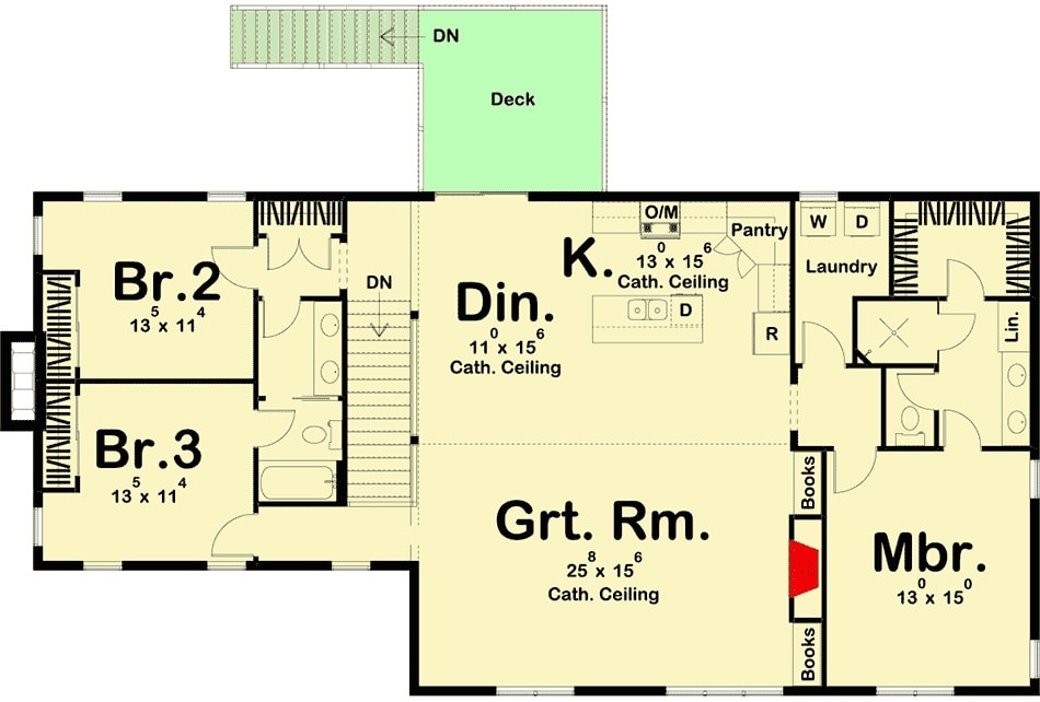 Second level floor plan with three bedrooms, laundry, great room, kitchen, and dining area that opens out to the back deck.