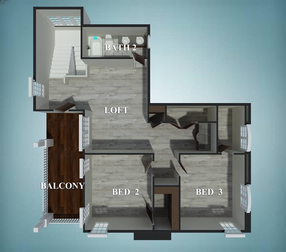 3D floor plan of the second level.