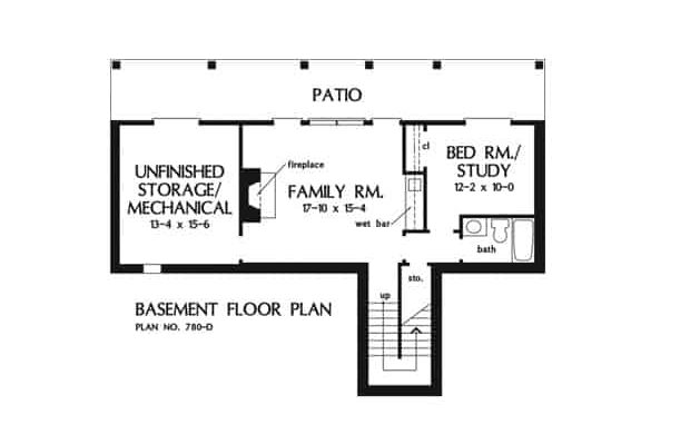 Basement floor plan with family room, flexible study/bedroom, and a wide patio.