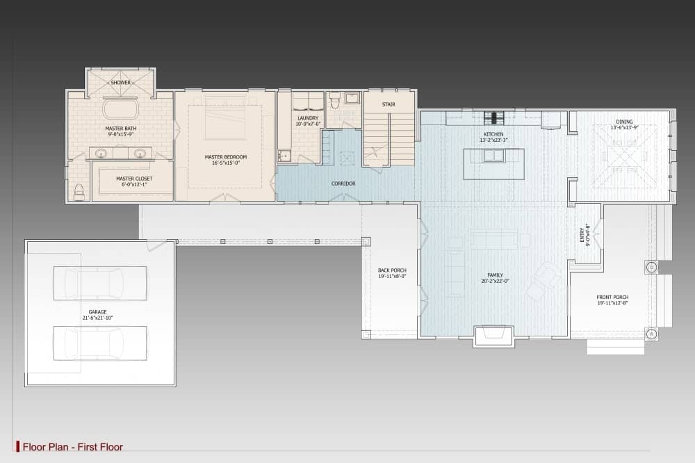 Main level floor plan of a 3-bedroom two-story traditional home with family room, kitchen, dining area, laundry room, primary suite, and an attached double garage.