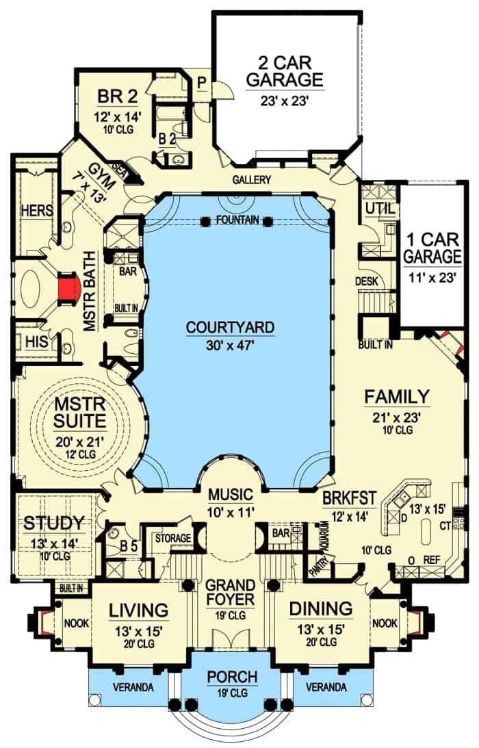 Main level floor plan of a 4-bedroom two-story European home with grand foyer, music area, living room, dining room, study, kitchen with breakfast nook, family room, primary suite, two garages, and a central courtyard.