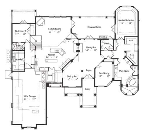 Main level floor plan of a 4-bedroom two-story Spanish style home with dining room, living room, den/study, family room, kitchen with breakfast nook, laundry, and two bedrooms including the primary suite.