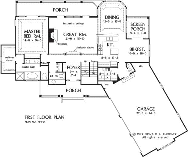 Main level floor plan of a three-story 4-bedroom The Peekskill cabin home with great room, kitchen, dining area, utility, breakfast nook, angled garage, screened porch, and front and rear porches.