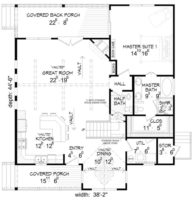 Main level floor plan of a two-story 3-bedroom country place cabin with great room, kitchen, dining area, and primary suite with back porch access.