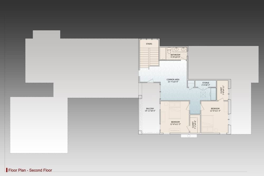 Second level floor plan with two bedrooms, a shared bath, and a common area that opens to the balcony.