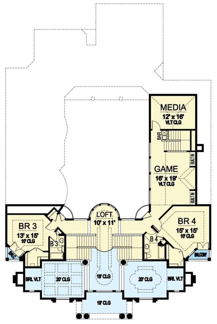 Second level floor plan with two bedrooms, a bayed loft, and a game room, and a media room.