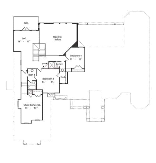 Second level floor plan with two bedrooms, a future bonus room, and a loft with a balcony.