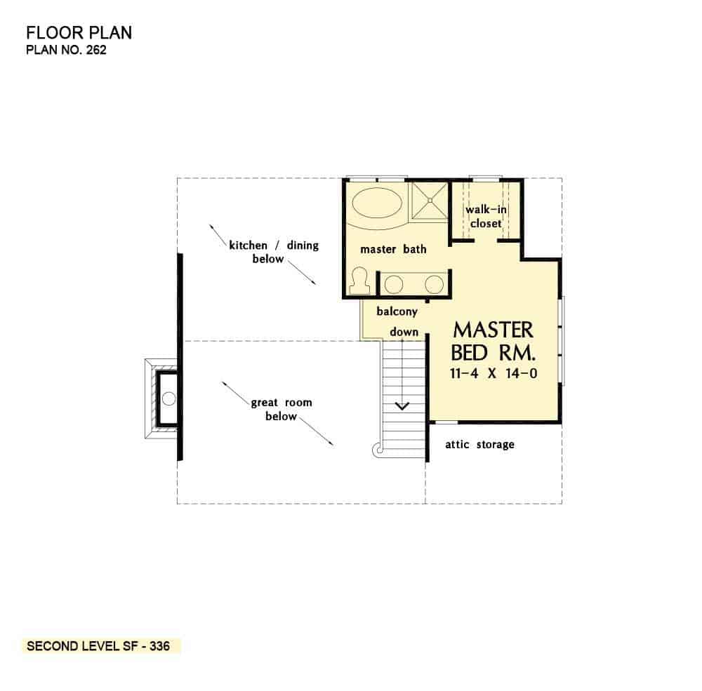 Second level floor plan with primary bedroom and a balcony overlooking down the kitchen and great room.