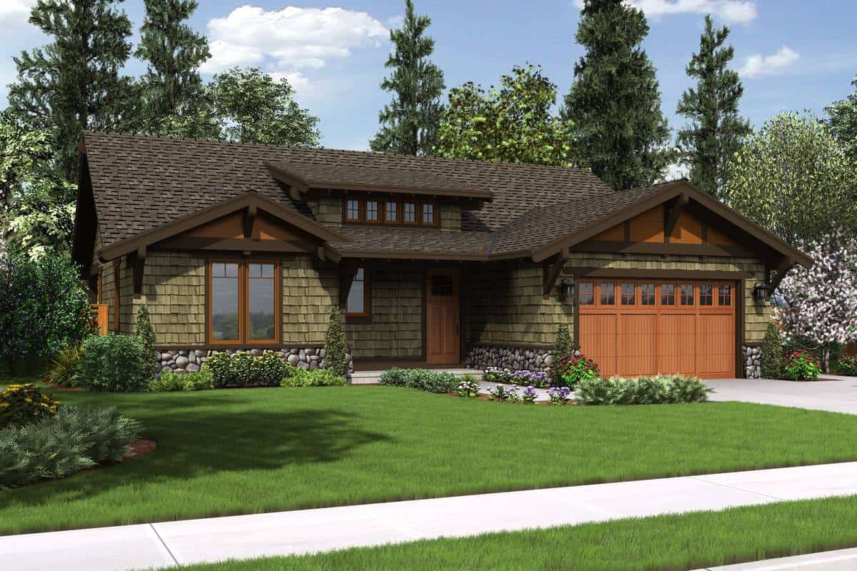 Front rendering of the 3-bedroom single-story bungalow style Rollinsford home.