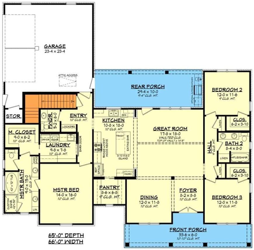 Single-Story 3-Bedroom Country Craftsman with Double Garage (Floor Plan)