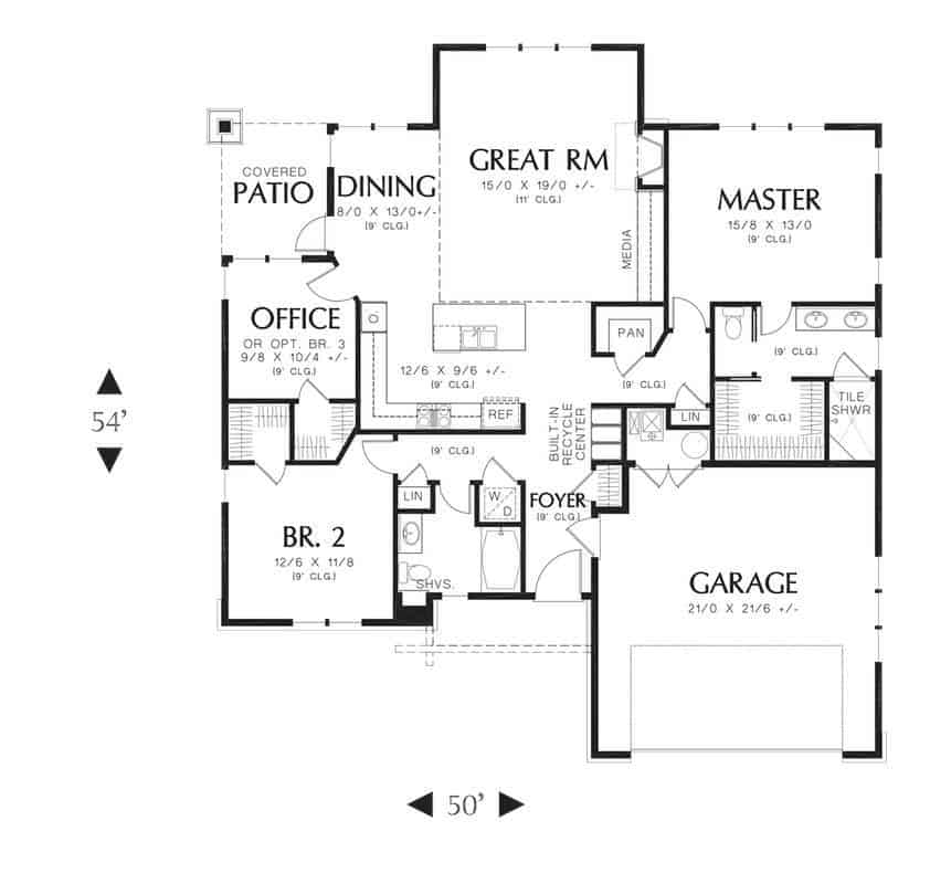 Entire floor plan of a 3-bedroom single-story bungalow style Rollinsford home with a double garage, foyer, great room, dining area, and three bedrooms including the primary suite and the flexible office.