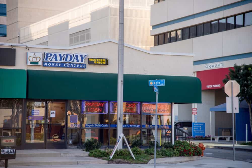 A look at the storefront of a PayDay loaning shop.