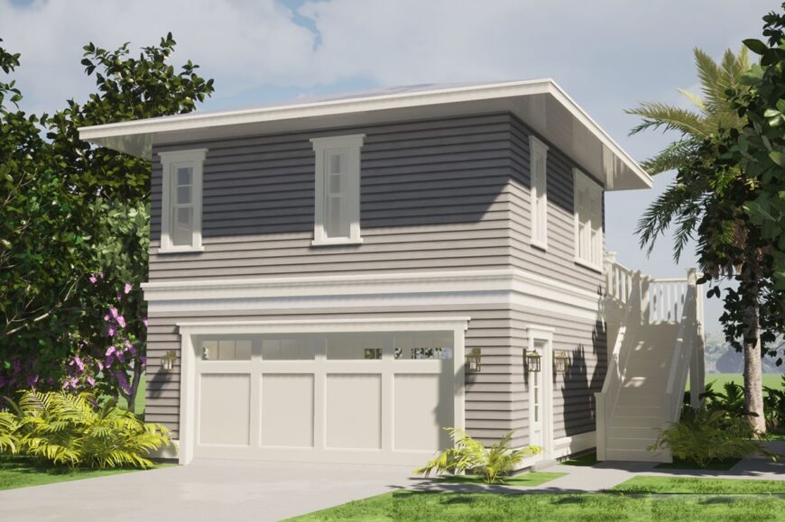 Rear rendering of the 1-bedroom two-story Southern carriage home showing the double garage and a staircase leading to the balcony.