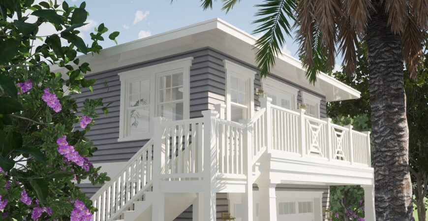 Angled front rendering showing the wide balcony that spans the width of the carriage home.