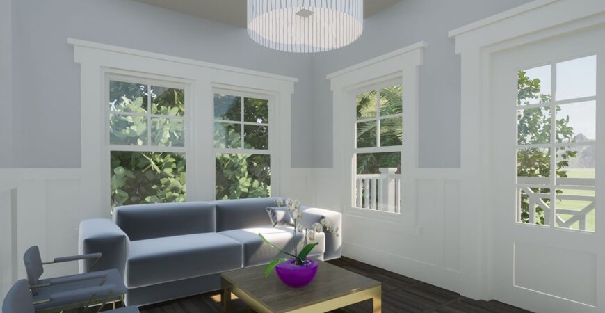 The living room has gray seats, a wooden coffee table, and glass windows overlooking the outdoor scenery.