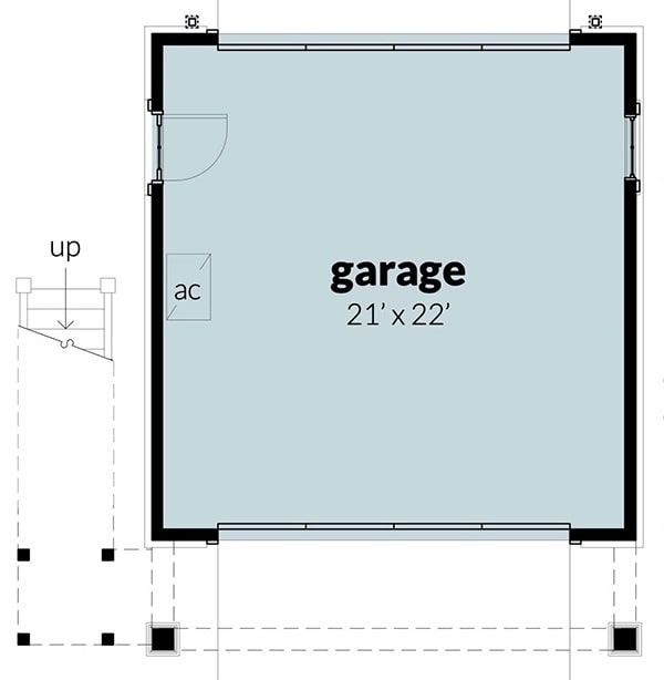 Main level floor plan of a 1-bedroom two-story Southern carriage home with a double garage.