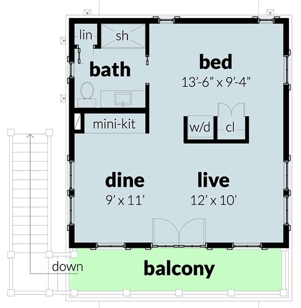 Second level floor plan with a bedroom, a full bath, mini-kitchen, dining area, and living room that extends to the wide balcony.