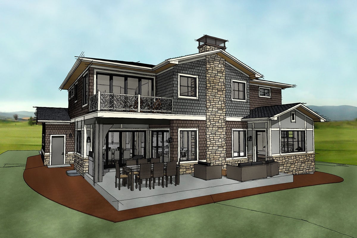 Rear rendering of the 7-bedroom two-story Northwest shingle home.