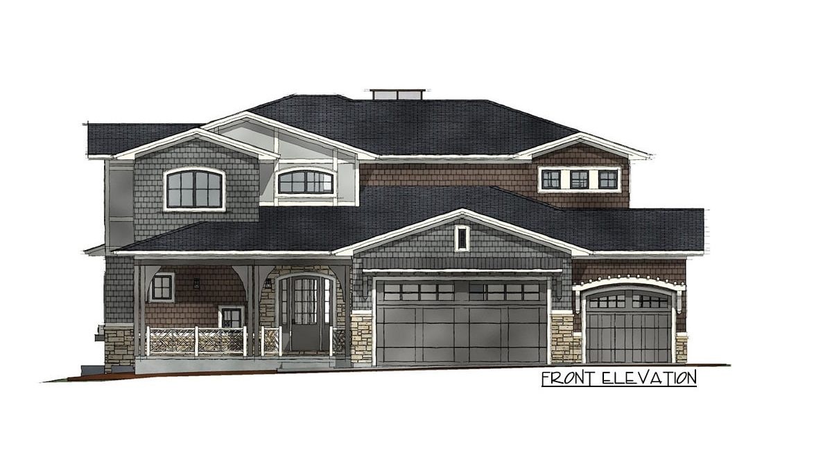 Front elevation sketch of the 7-bedroom two-story Northwest shingle home.